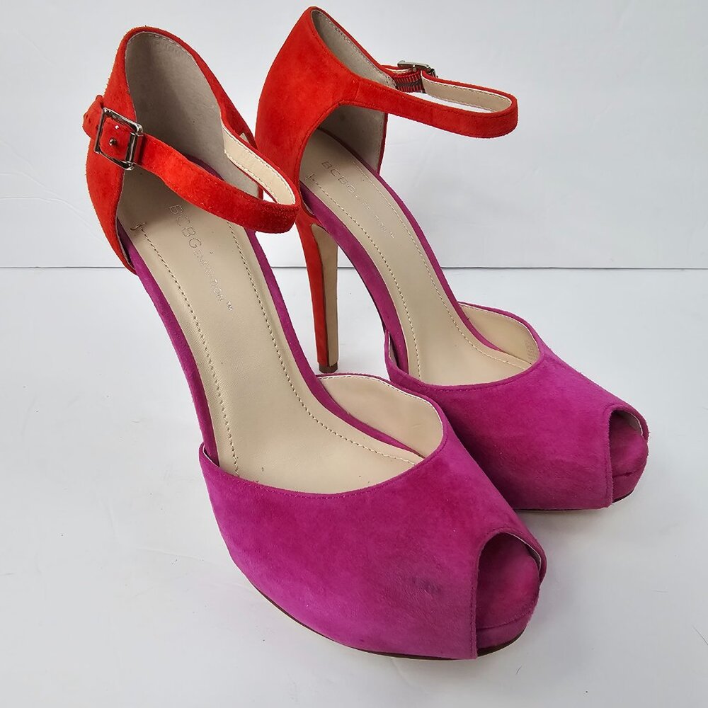 BCBGeneration Women's Orange & Purple Suede Peep Toe Stiletto Heels Size 9B - Picture 4 of 13